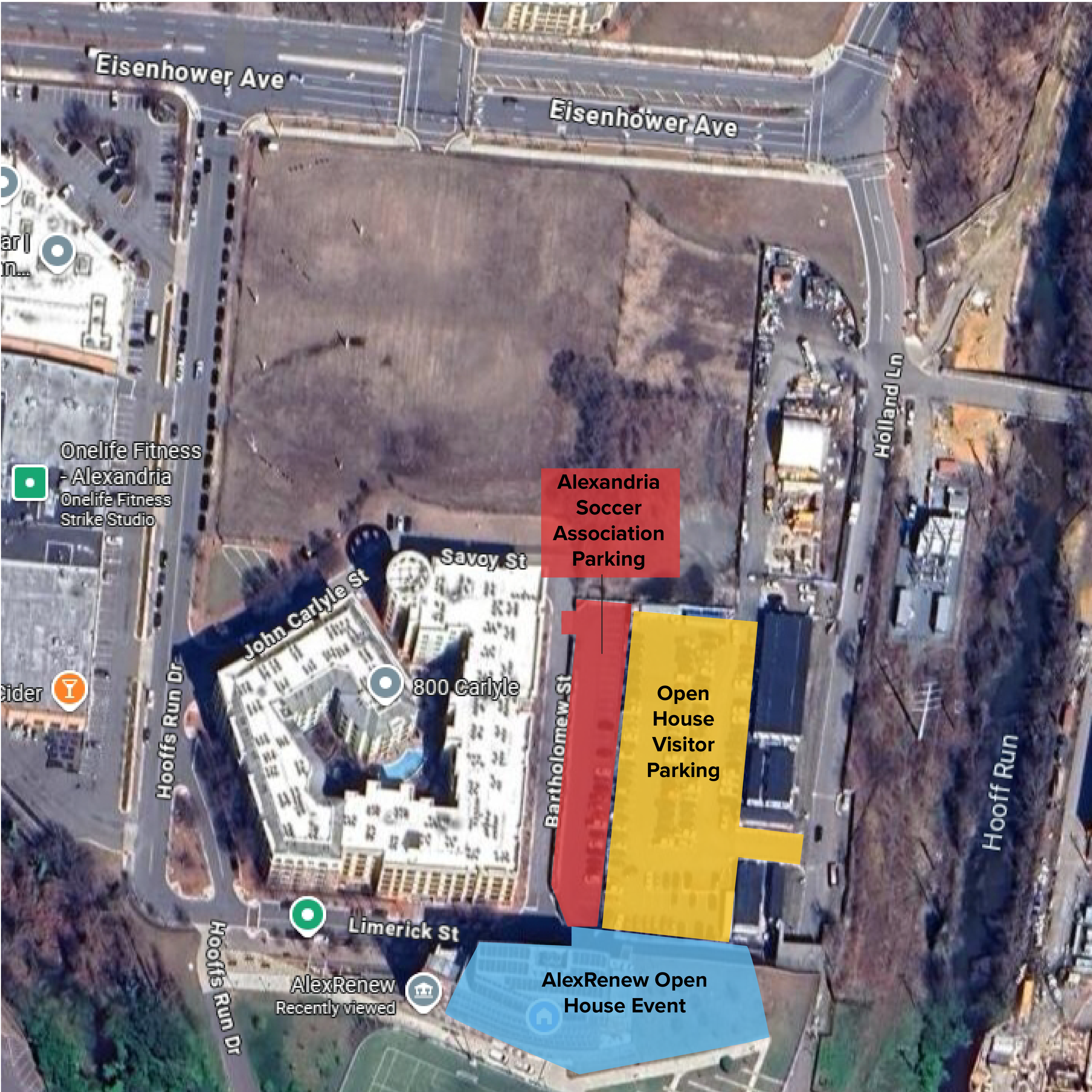 Google Maps satellite screen shot showing a yellow parking area highlighted off of Holland Lane, a red parking area highlighted off Bartholomew Street, and a blue highlighted area where AlexRenew's Open House event will be.