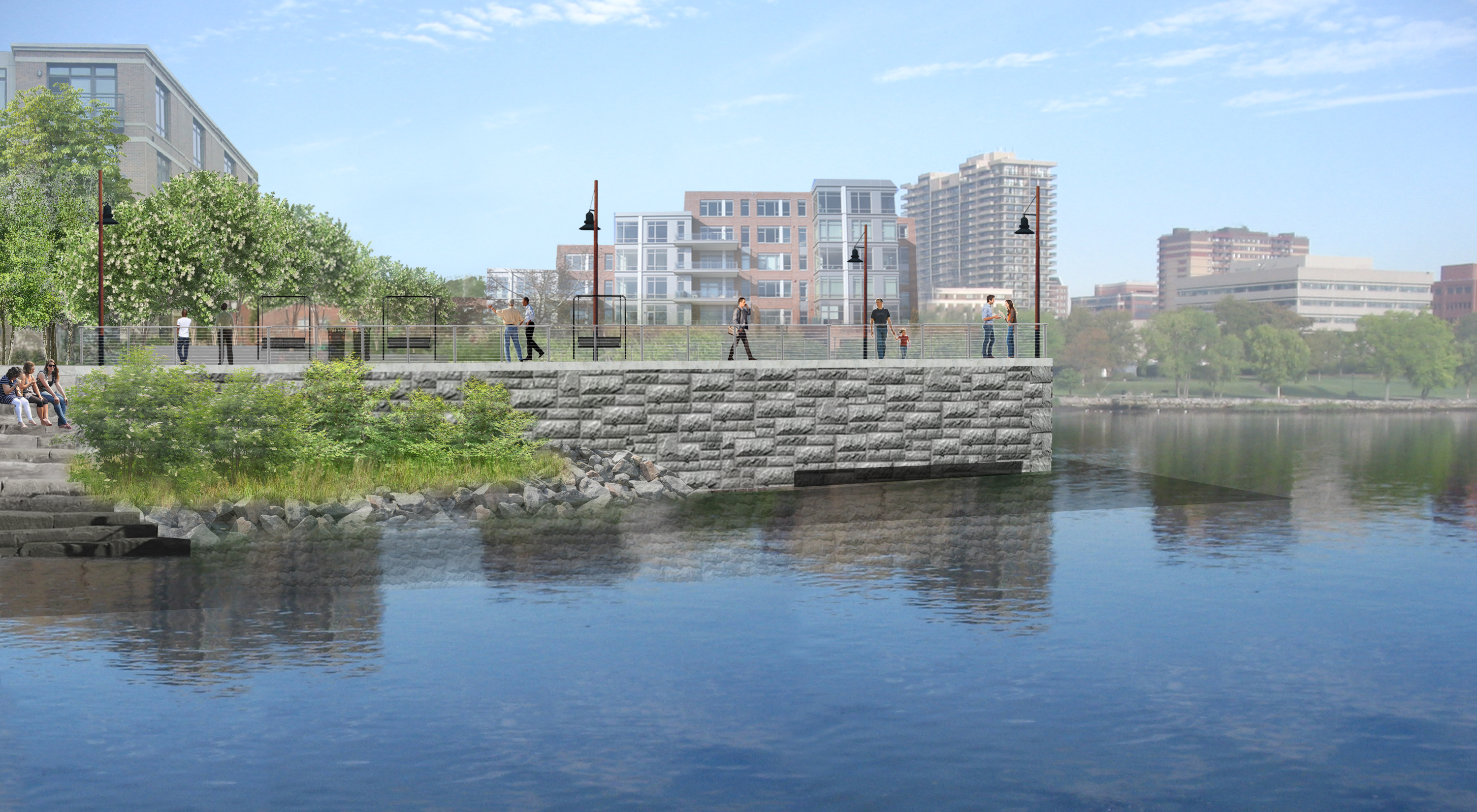 An architectural 3D rendering of a grey walkway along a riverbank, with apartment buildings in the background.