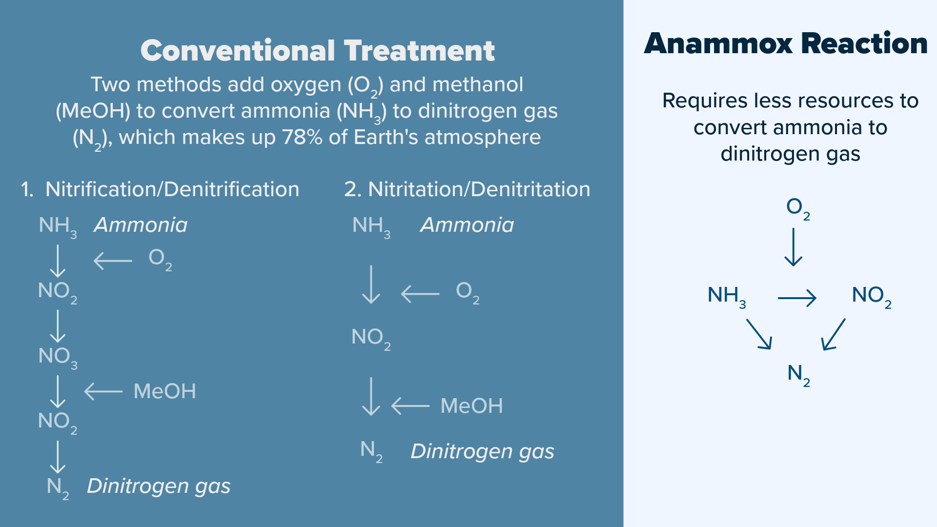 This graphic illustrates the different denitrification process between conventional methods and Anammox. 