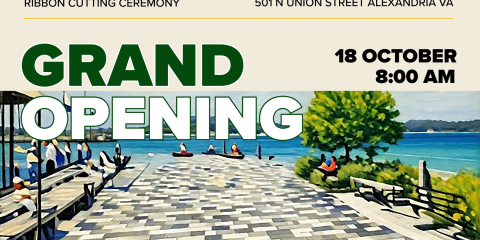 Graphic with a stylized rendering of the Pendleton Promenade along the Potomac River. Grand Opening is written in large letters across the top of the invite, with the date and location in smaller font above.