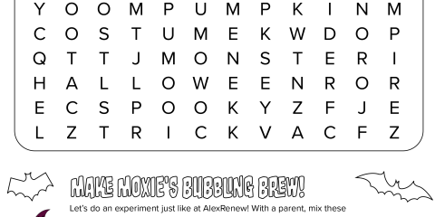 Image of a word search with an icon of Moxie wearing a purple witch's hat