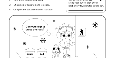 An image of the activity sheet, with experiment instructions and an illustration of Moxie and Turbo in winter jackets and hats.