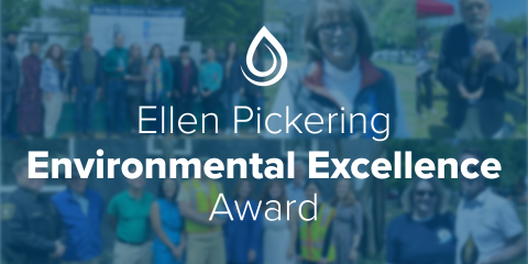 Photo collage of people standing in front of an awards stage. The photos are semi-transparent over a blue background. "Ellen Pickering Environmental Excellence Award" appears in white in the center, with a waterdrop-shaped logo above the text.