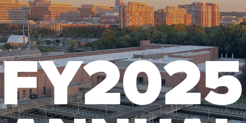 Photo of the Alexandria skyline at sunset behind "FY2025 Annual Report" written in large white letters.