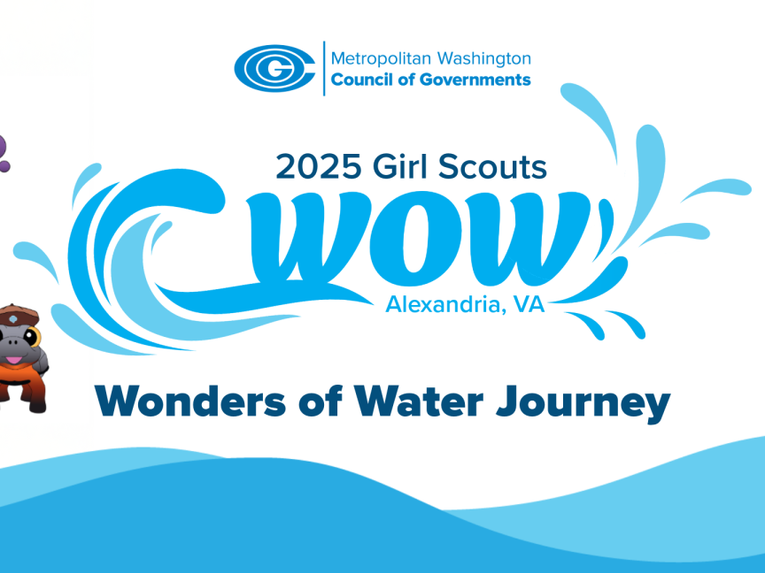 graphic with the Metropolitan Washington Council of Governments logo above "2025 Girl Scouts WOW Wonders of Water Journey", decorated with blue splashes. A cartoon of a girl in a scout outfit with purple hair and a pet turtle stands alongside the logo, and along the bottom are blue waves.