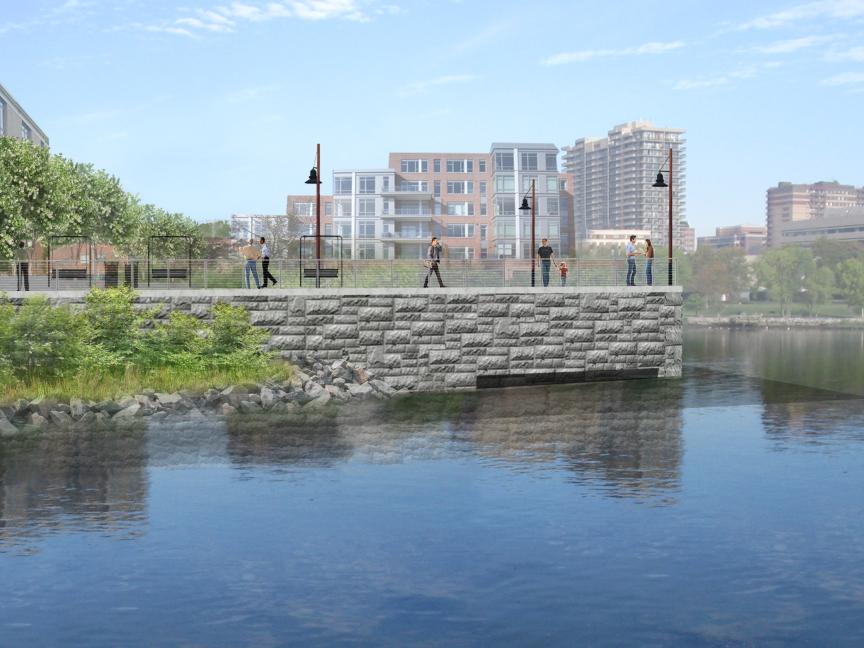 An architectural 3D rendering of a grey walkway along a riverbank, with apartment buildings in the background.